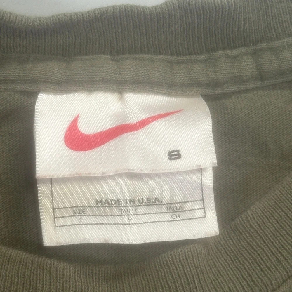 Vintage Nike Classic Sports Graphic T Shirt S Olive Green 90s Back Print USA